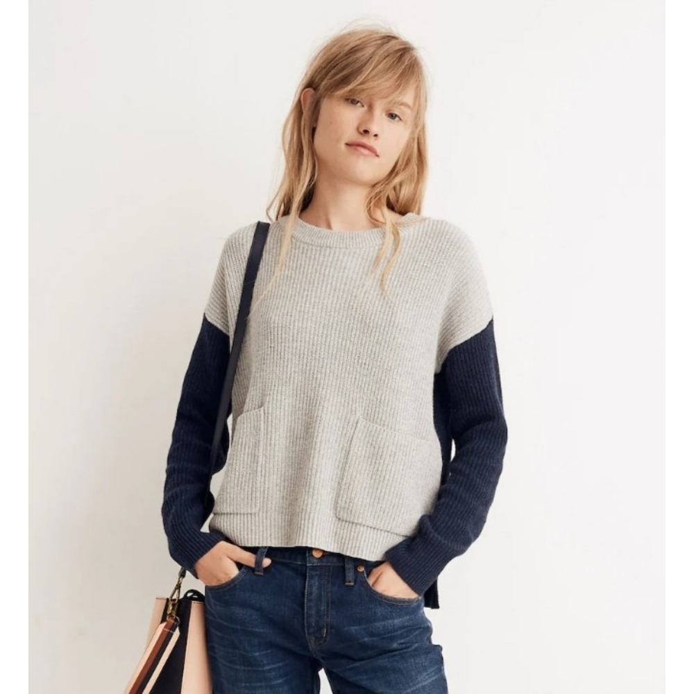 Madewell Patch Pocket Pullover Sweater Navy & Gray Colorblock Size S